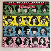 Front cover of The Rolling Stones Some Girls vinyl album displaying colorful pop-art images of women with names and prices
