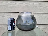 Front view of the tinted glass broad mouth flower vase with a soda can for scale showing its size and shape.