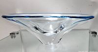 Side view of small clear glass candy bowl with blue rim placed on reflective glass surface
