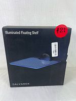 Box of GALVANOX Illuminated Floating Shelf showing product image and branding.