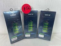 Front view of three unopened DEJI branded battery boxes with green battery icon and red sticker with number 56.