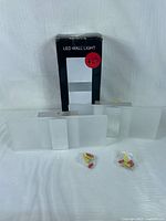 Two modern LED wall sconce lights shown with black retail box labeled 'LED Wall Light' and price sticker. Each sconce has rectangular frosted diffuser with central metal band. Mounting hardware bags in front.