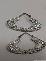 Photo showing front side of pair of oval-shaped 10KT gold earrings with small clear cubic zirconia stones densely set on the surface.