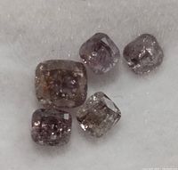 Close-up of five small deep pink rough diamonds on white fabric