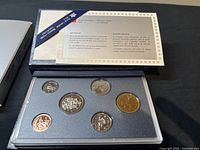 Specimen coin set in original Royal Canadian Mint case showing six Canadian circulation coins from 1995 with certificate on top.