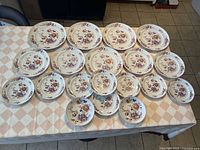 Full overhead view of the 24-piece Vista Alegre Imari porcelain dinnerware set arranged on a table showing all plates.