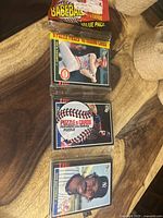 Photo of unopened 1985 Donruss baseball rack pack showing label and the Don Mattingly card in front of it