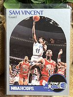 Front of 1990 NBA Hoops Sam Vincent card showing Sam Vincent in white Orlando Magic jersey with Michael Jordan visible wearing rare #12 red Chicago Bulls jersey.