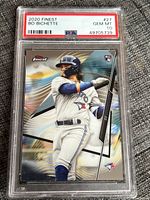 Front view of the 2020 Topps Finest Bo Bichette rookie card graded PSA 10, showing the holographic card design and grading label.
