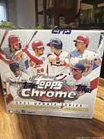 Front of sealed 2021 Topps Chrome Update Series baseball card box showing player images and logos.