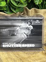 Bobby Witt Jr. 'Shutter Speed' black and white Topps baseball card in protective case