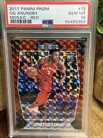 Front of the 2017 Panini Prizm OG Anunoby Red Mosaic rookie card, graded PSA 10 Gem Mint, showing player in red Raptors uniform with mosaic background pattern.