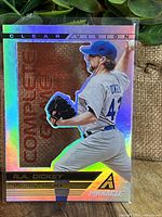 Front holographic image of R.A. Dickey pitching in Toronto uniform on Clear Vision Complete Game Pinnacle card.