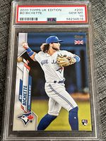 Front of the 2020 Topps UK Edition Bo Bichette rookie card showing the player action image and grading label of PSA 10 Gem Mint.