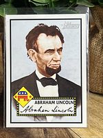 Front of the trading card showing a portrait of Abraham Lincoln, name and Republican elephant icon