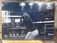 Topps Black & White Vladimir Guerrero Jr. baseball card front side showing the player in batting stance in a stylized black & white photo with Blue Jays logo, player's name, and Topps B&W logo.