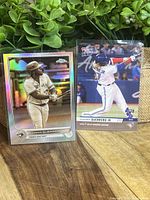 Both Vladimir Guerrero Jr baseball cards displayed side-by-side on wooden surface with leafy background, one Sepia Refractor and one Rookie card