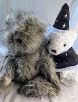 Two teddy bears sitting side by side including Mr. Fuzzball with shaggy brown-gray fur and Angel Enchanting dressed in black starry wizard hat and cape.