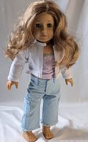 Full view of American Girl doll standing, showing outfit and hair