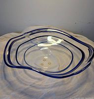 Overhead view showing clear glass and blue rim lines with slight imperfections inside bowl