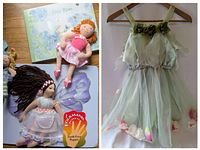 Photo showing child's green fairy dress on a hanger featuring rose petal accents in tulle skirt, alongside pink dancing doll, Folkmanis Tooth Fairy puppet, Beneath the Leaf fairy puppet, and book "Fairy Kisses".