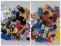 Loose Lego mini figures and accessories in plastic bag, showing various figures and items including a character in a white outfit and a red scooter.