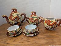 Full set showing teapot, covered sugar bowl, milk jug, two cups and saucers decorated with dragons and Japanese figures
