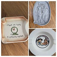 Three plates shown together: ceramic ashtray plate, metal relief plate, and round ceramic plate with illustration.