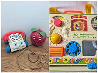 Three vintage Fisher Price toys on wooden floor and close-up of Activity Center