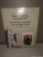 Front of the Royal Wedding Keepsake Kit box showing text, castle image and new Canada postage stamp with royal couple.