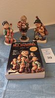 Three figurines Sweet Music, Little Cellist and Little Scholar alongside the M.I. Hummel Price Guide book and lot card