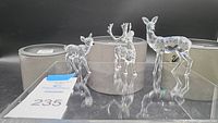 Full view of three clear Swarovski crystal figurines: two deer and one moose, displayed on reflective surface with round boxes in background.