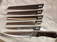 Photo of six interchangeable stainless steel blades and single wooden handle displaying blade shapes and handle rivets.