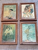 Four small framed artworks on tiles showing scenes with children and animals on a carpeted floor.