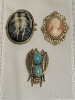 Full view of the three items: two cameo brooches with carved female profiles and one insect pin with turquoise insets and intricate metal wings.