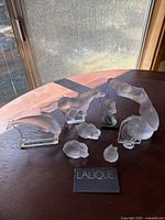 All eight figurines arranged on table with Lalique card in front