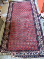 Full view of the antique oriental carpet showing overall pattern and size on floor.