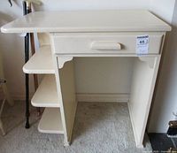 Full front view of the painted vintage writing desk with drawer and three shelves on the side