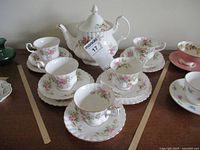 Overview of teapot, cups, saucers and plates on table