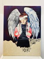 Full view of the painting showing an angelic figure with white wings, red hair, and a bandaged eye against a dark purple-black background with a torn paper effect at the bottom.