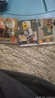 Three hockey mascot cards displayed on carpet showing Harvey the Hound, an eagle mascot, and a bear mascot.