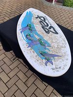 Top of skim board with colorful bird graphics and brand logo showing signs of dirt and wear.