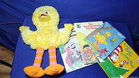 Big Bird plush doll with a group of five children's books including Sesame Street and Dr. Seuss titles arranged nearby on a dark blue background.