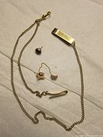 All items laid out on cloth showing watch fob chain, lapel pin, and single earring