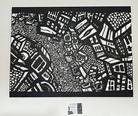 Frontal view of entire black and white ink painting depicting abstract graffiti cityscape