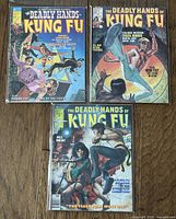 Three issues of The Deadly Hands of Kung Fu, issues visible: #8, #20, #32, bagged and displayed on wooden floor.