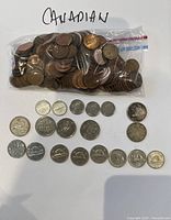 Mixed Canadian coins, including bag of pennies and loose quarters, dimes, and nickels arranged on white background