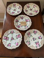 All five plates arranged on a wooden surface showing the floral and gold decorative patterns on front.