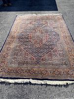 Full view of rectangular fringed area rug with central medallion pattern on asphalt backdrop