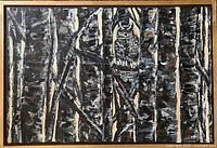 Full view of the acrylic painting featuring birch tree trunks and an owl sitting on branches in a forest